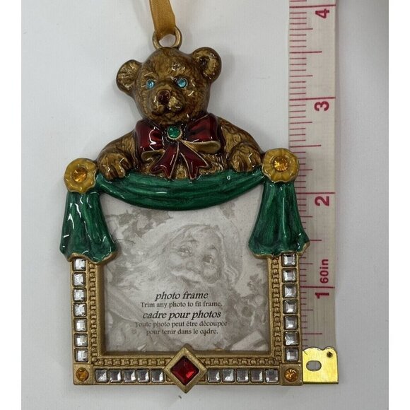 Enamel Rhinestones Christmas Ornament Picture Frame Teddy Bear Vintage Look - Picture 10 of 10